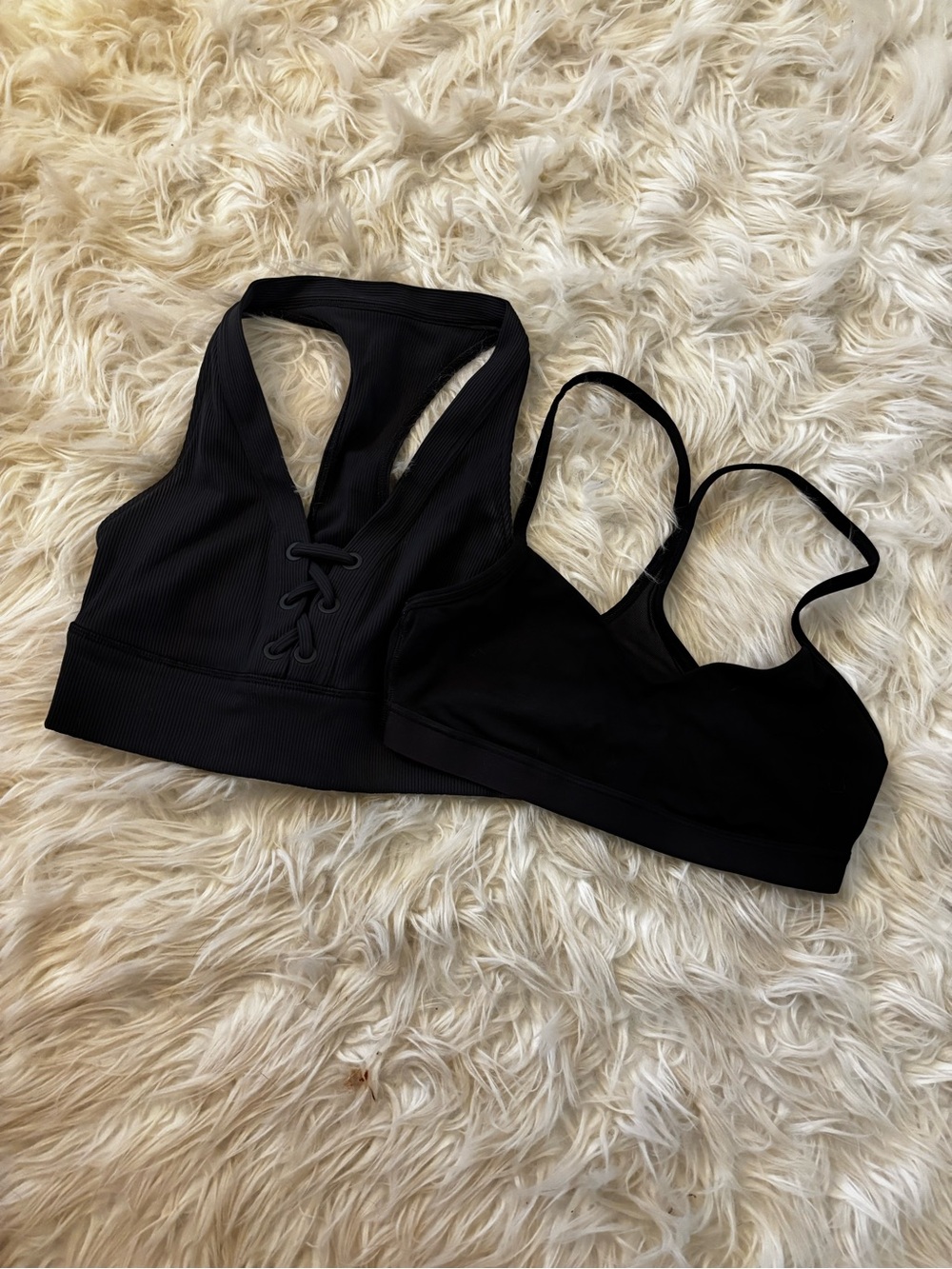 aerie Black Ribbed Lace-Up Sports Bra & Strappy Bralette Bundle size Small